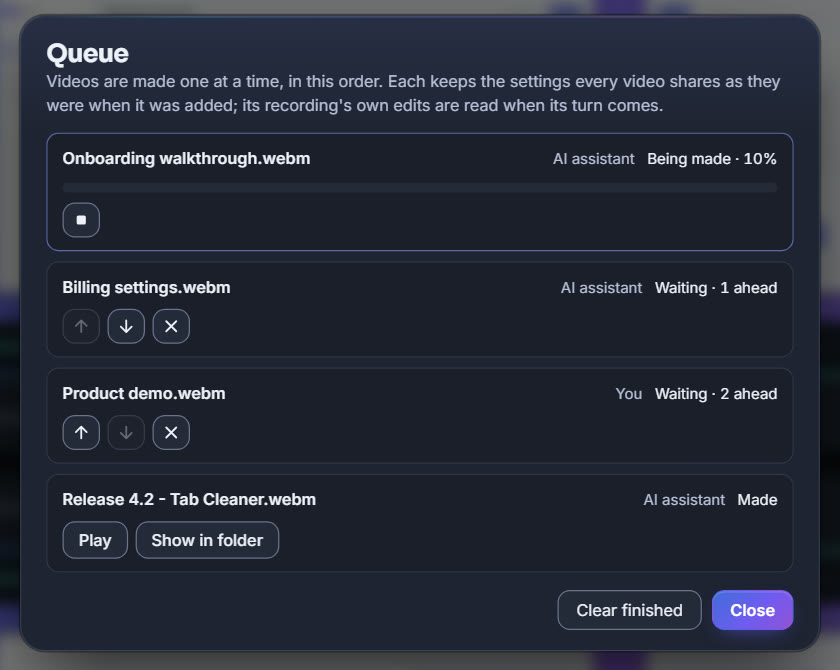 Reelquill AI's Queue: an AI assistant's video being made, an assistant's video and one of yours waiting their turn, and the Release 4.2 video made, with Play and Show in folder.