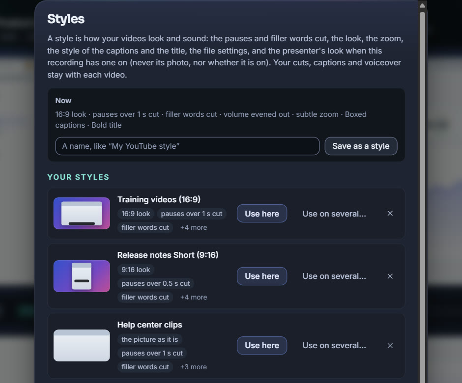 Reelquill AI's Styles: the current look summed up (16:9 look, pauses and filler words cut, subtle zoom, boxed captions, bold title) with Save as a style, and saved styles such as Training videos, Release notes Short and Help center clips, each with Use here and Use on several.